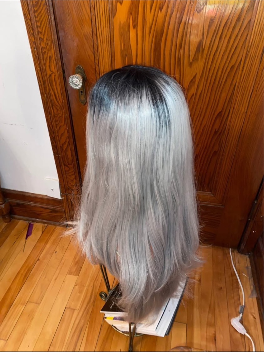 Silver Grey Ombre Women's Synthetic Wig with Dark Roots